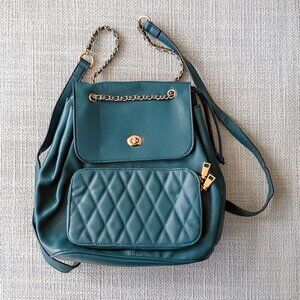 Quilted Faux Leather Backpack Purse Cypress green - Chain Strap, front pocket
